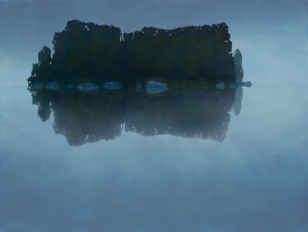 An oil painting of a small island in the fog.