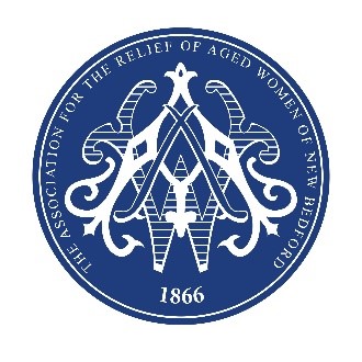 Blue circular seal for 'The Association for the Relief of Aged Women of New Bedford,' established in 1866. The design features ornate letters intertwined in the center, with the organization's name encircling the emblem.