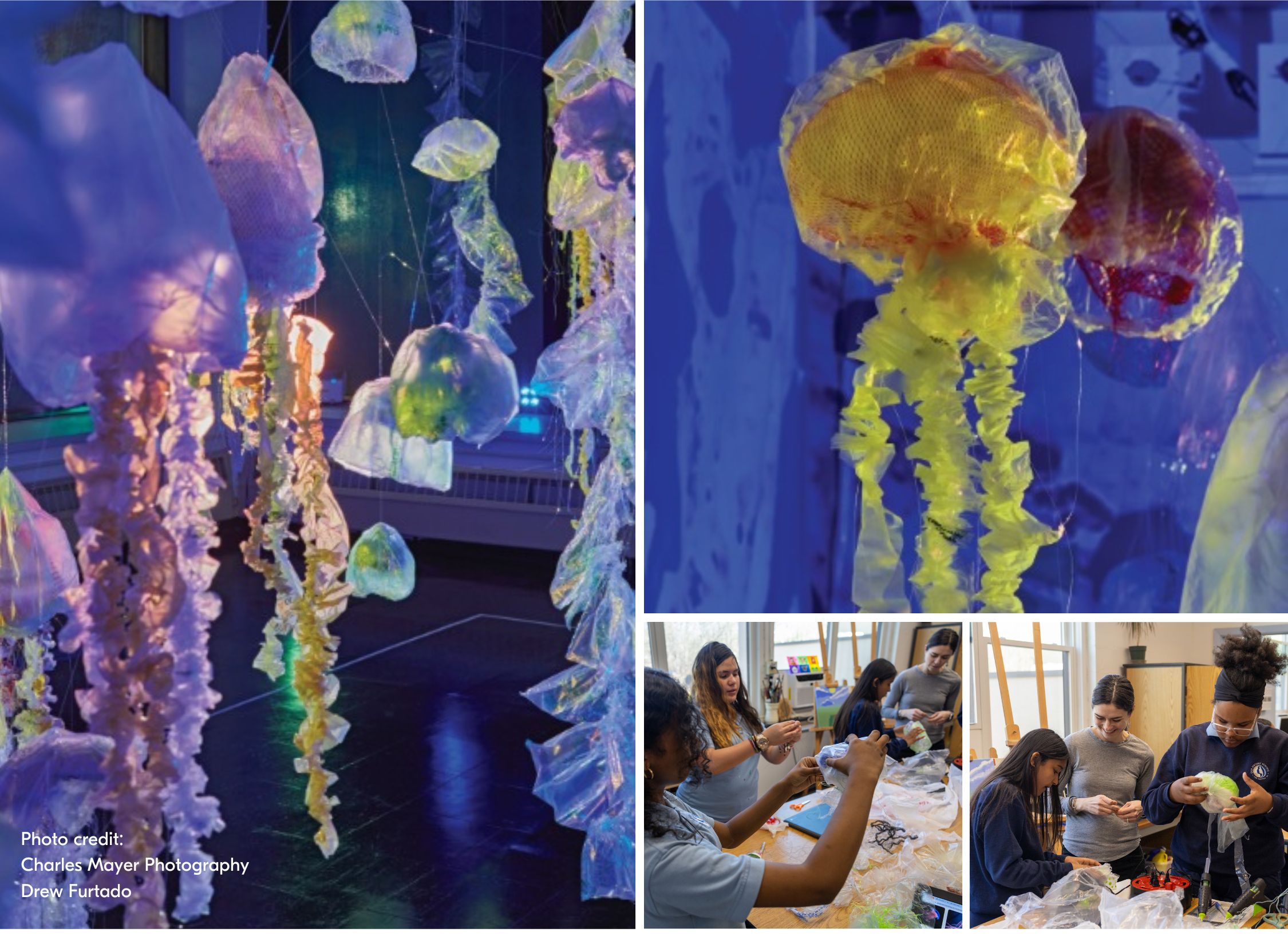 Colorful translucent sculptures resembling jellyfish, suspended from the ceiling in a blue-lit room. Below the main image are smaller photos showing individuals crafting similar sculptures in a workshop setting.