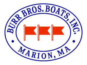 Logo of Burr Bros. Boats, Inc. from Marion, MA. The design features three red nautical pennants in the center, enclosed within a blue oval border. The company name 'Burr Bros. Boats, Inc.' is written around the oval, with 'Marion, MA' at the bottom.